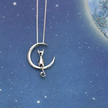 

Bohemian Vintage 925 Sterling Silver Moon Cat Necklaces For Women Long Choker Necklace Statement Christmas Jewelry Collares