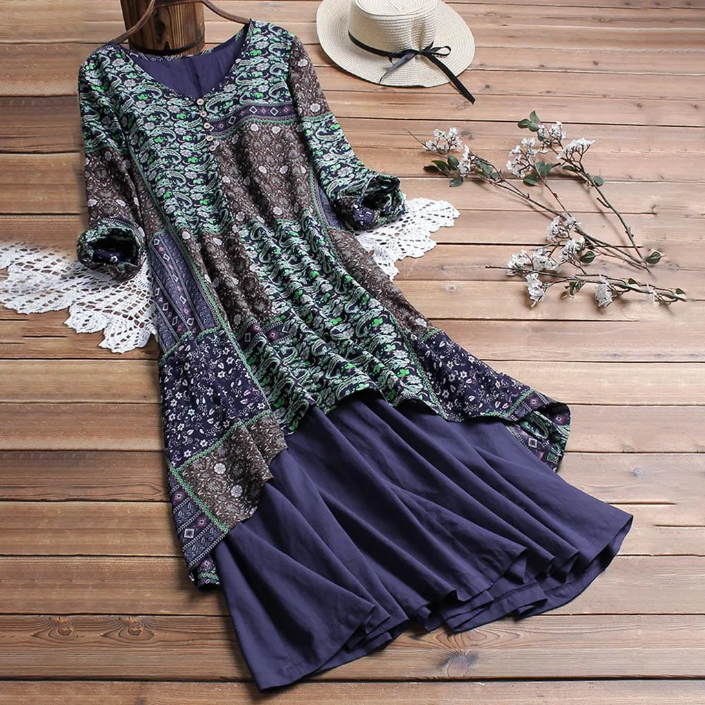 

Feitong Dress Women Vintage Floral Print O-Neck Patchwork Dress Vestidos De Verano Loose Long Sleeve Plus Size Summer Dress