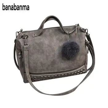 

banabanma Women Street Style PU Satchel Handbag Single Shoulder Bag with Pompon Rivet Trim 2017 fashion retro function ZK30