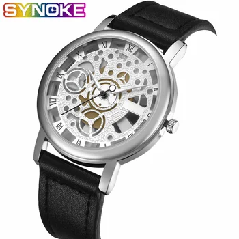 

SYNOKE 2019 New Arrival Men Watches Luxury Gold Quartz Watch Leather Band Glass Unique Hollow Out Casual Wristwatch for Men