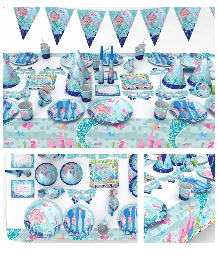 

84pcs/set Mermaid Princess Kids Birthday Party Decoration Party Supplies Shower Wedding Pack Event Supplies Cups Plates Forks