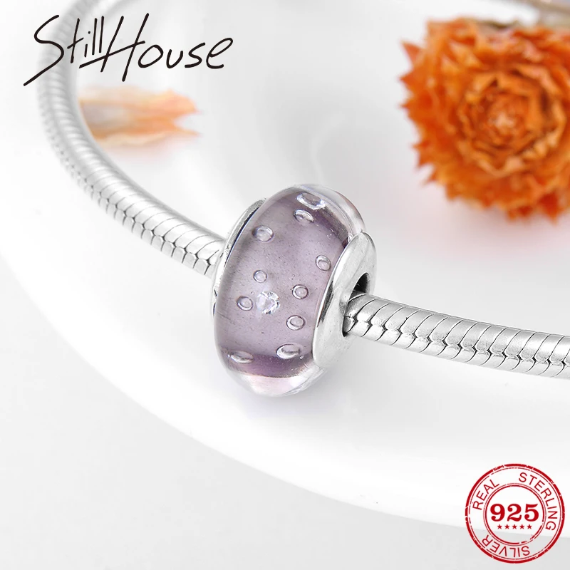 

2019 Genuine 925 Sterling Silver Dark purple bubble Glass Beads Fit Original Pandora Charm Bracelets DIY Jewelry making
