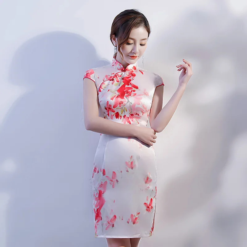 Новое поступление китайский Для женщин Silk район Qipao классический цветок Cheongsam сексуальное мини-платье летняя одежда размеры S M L XL XXL, XXXL