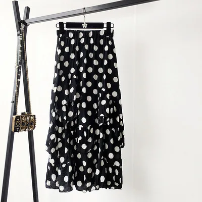 Летние шифоновые юбки в горошек, высокие, низкие, Cakee, многоуровневые, черные/белые, большие, в горошек, длинные юбки макси - Цвет: Черный