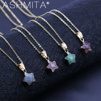ASHMITA 2019 Pentagram star pink Crystal Druzy Chakra Nature Stone Gold Plating Geode Quartz Pendant  Chain Necklace