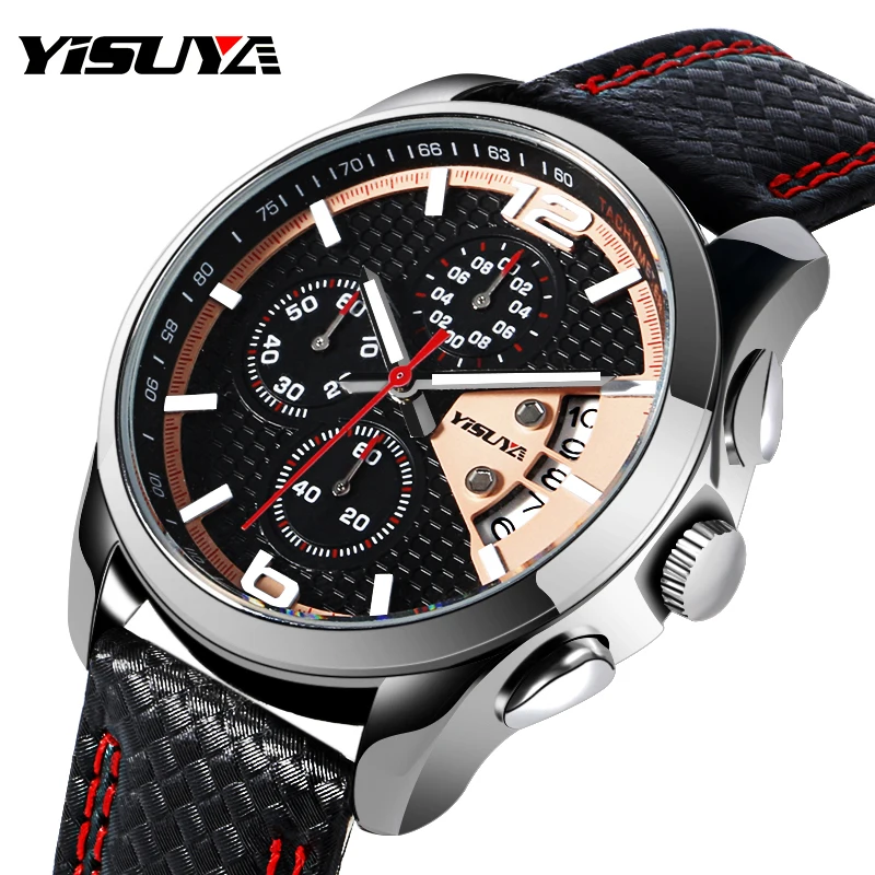 

Luxury Brand YISUYA Mens Sport Quartz Watches Date Chronograph Leather Band Wrist Watch Military relogio masculino