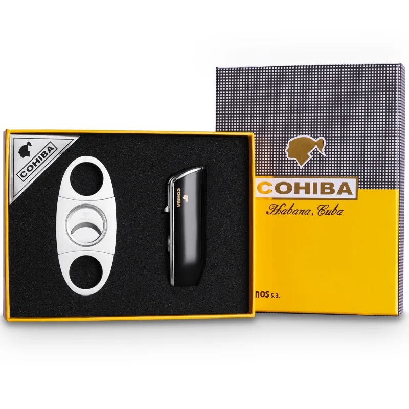 COHIBA металлическая ветрозащитная мини-карманная зажигалка для сигар 3 реактивного синего пламени зажигалки для сигарет с подарочной коробкой для сигарет с резцом