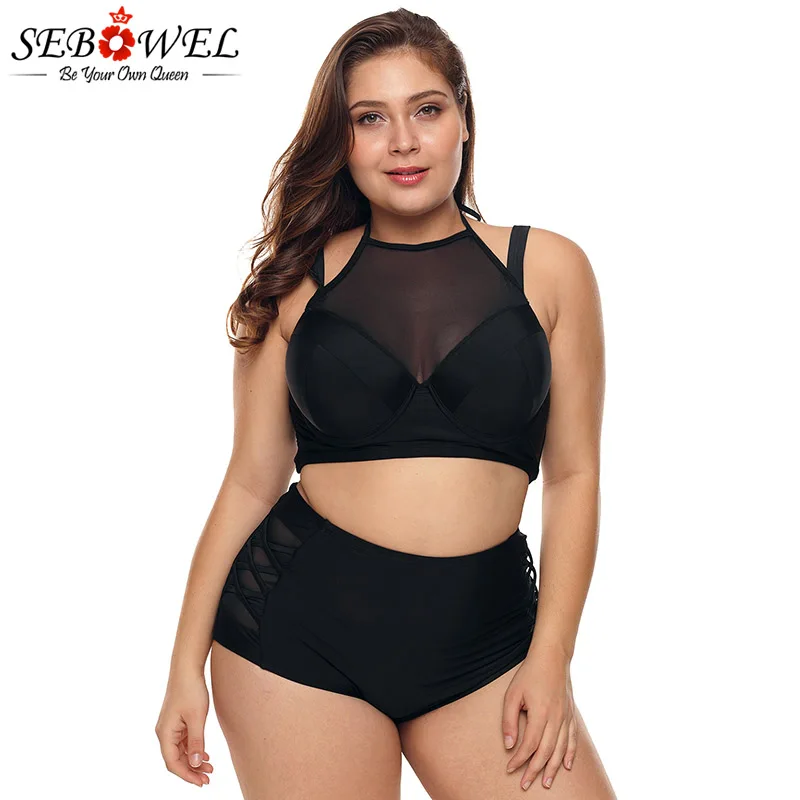 Black-Plus-Size-Halter-Push-up-Lattice-Mesh-Swim-Bikini-LC410746-2-1 