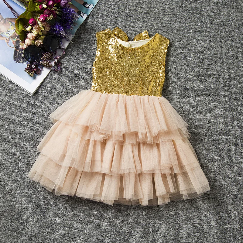 

New Retail Baby Girls Gold Sequin Tutu Dress Kids Summer Bling Ruffle Chiffon Cake Dress with Big Bow Children Satin Party Dress