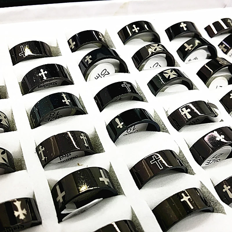 

New 100pcs men's black cross ring mixed styles stainless steel cool polished Christian Religious jewelry wholesale lots bulk