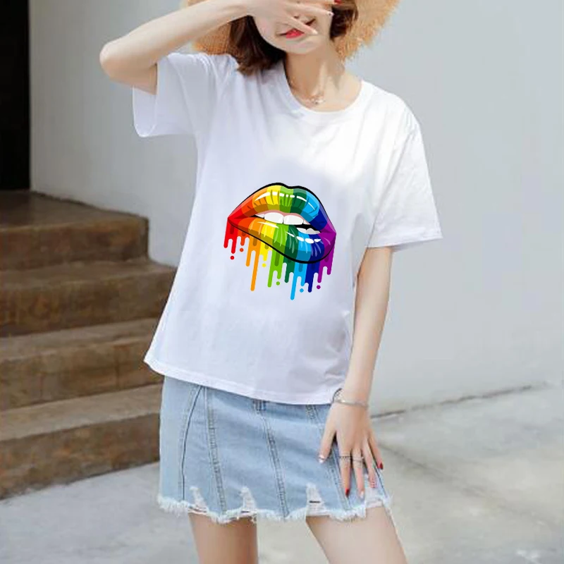 ZSIIBO большой Детская летняя одежда для девочек Повседневная рубашка пикантные цветной Блеск для губ с короткими рукавами модные Круглый воротник хлопковая футболка