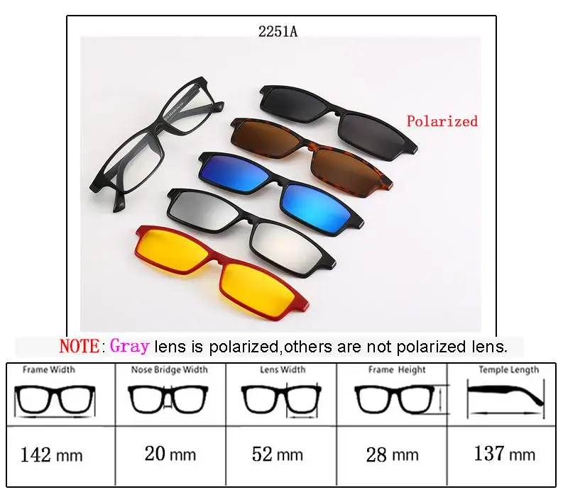 Поляризационные солнцезащитные очки для мужчин и женщин 5 в 1 с магнитным зажимом, очки TR90, оптические оправы для очков по рецепту, очки, отправка с мешочком A1 - Цвет линз: as picture