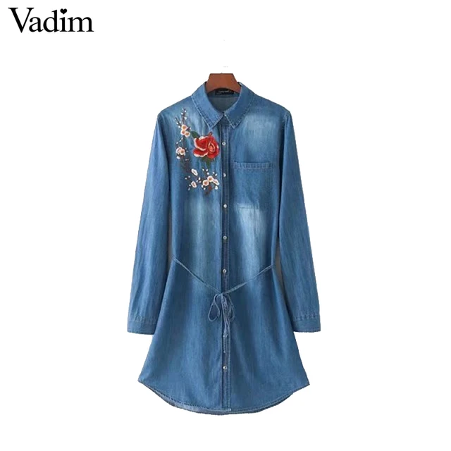 Vadim женщины sweet цветочной вышивкой джинсовые рубашки dress пояса с длинным рукавом карманный линия случайные мини-платья vestidos qz3025