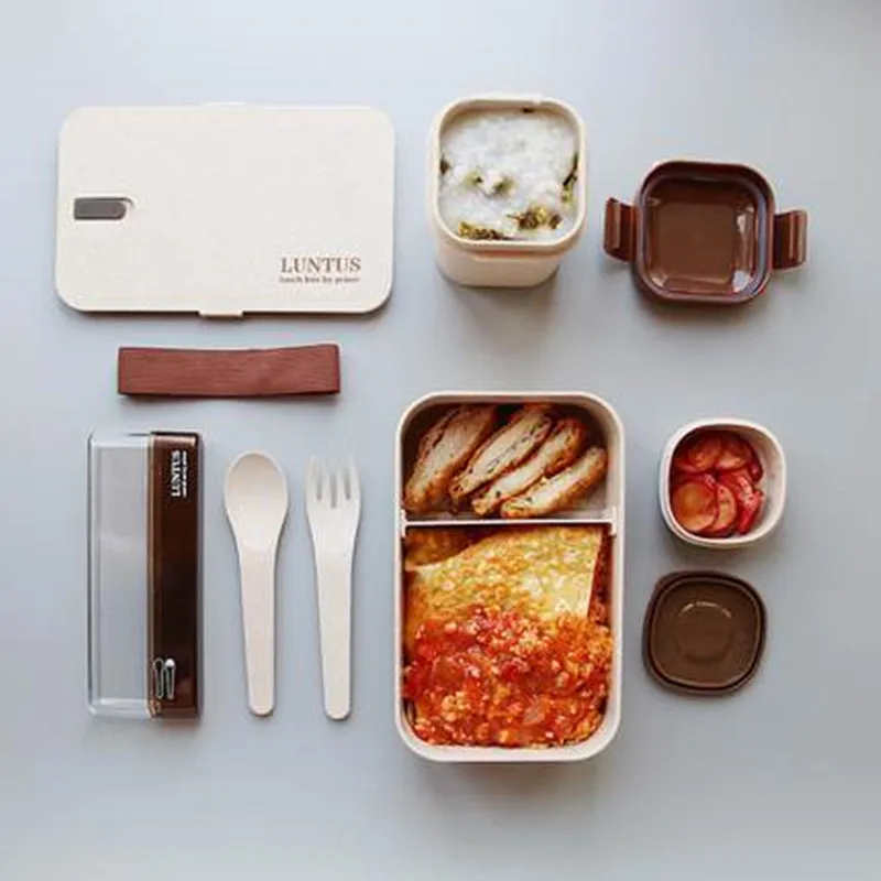 

New 6Pcs Valley fiber Lunch Boxes with spoon fork Microwave Food Fruit Storage food Containers 1.2L Bento soup boxing Set-Z0090