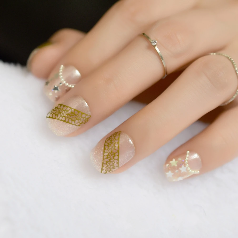 

24pcs Shimmer Glitter Short Full Nails for Small Finger Glitter Stars Decoration Finished Fake Nail Art with Glue Sticker Z844