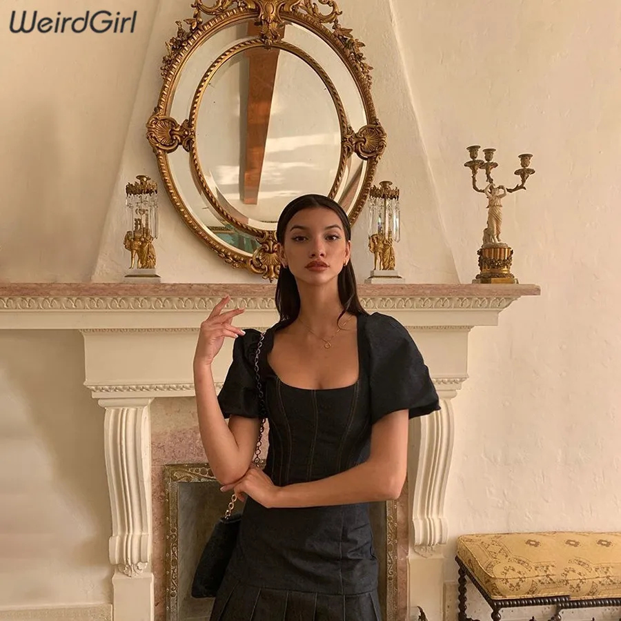 Weirdgirl النساء صالح و flare ثوب أنيق ساحة الرقبة قصيرة الأكمام Bodycon اللباس أزياء ضئيلة البسيطة سيدة ثوب جديد الصيف
