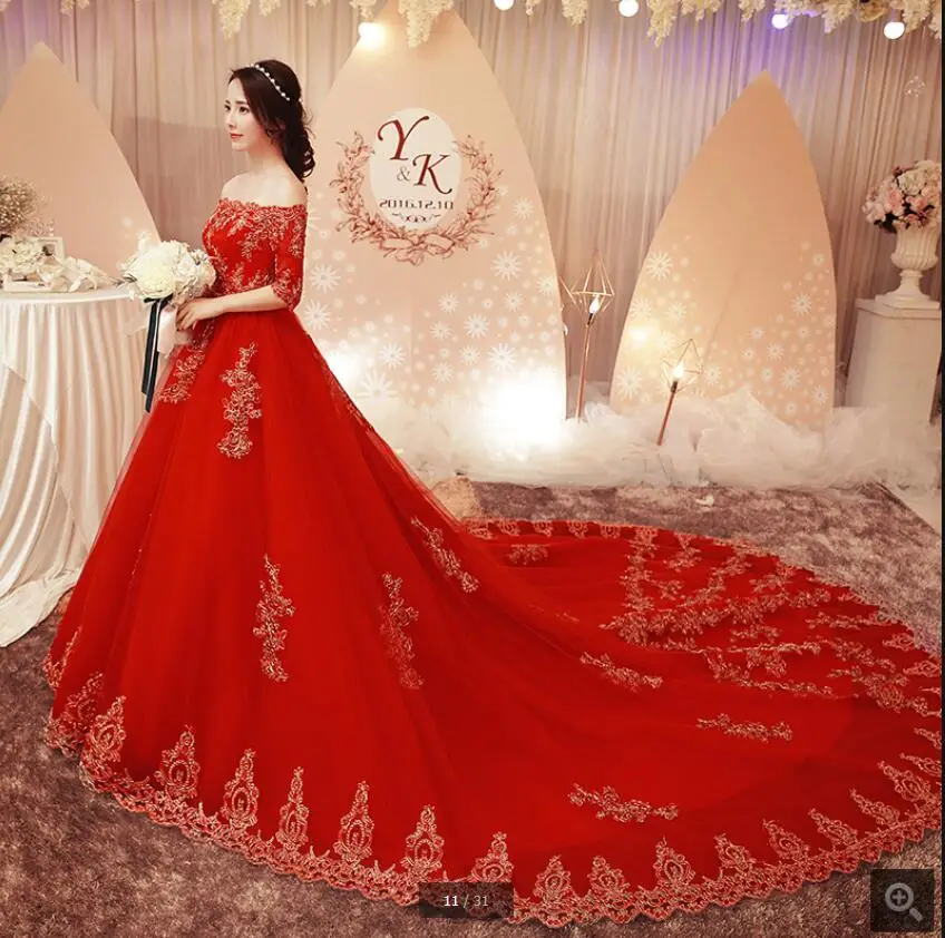 2017 Vestido Де Novia бальное платье красный свадебное платье роскошь с царский поезд половина рукава sexy свадебные платья мантия де mariage