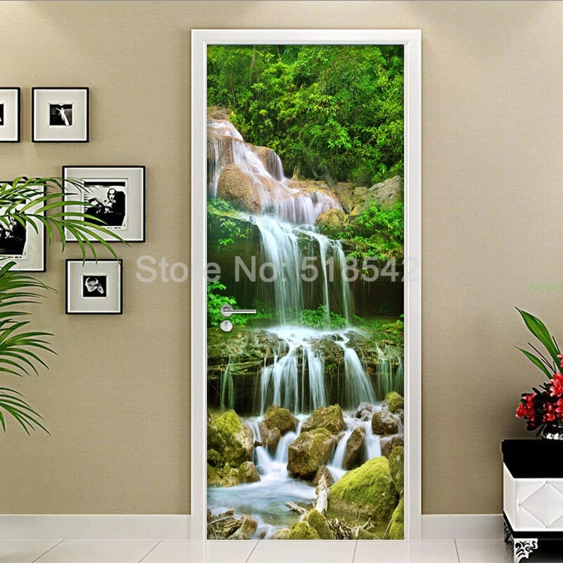 3D фото обои водопад природа пейзаж дверь стикер Декор для дома из ПВХ самоклеющиеся водонепроницаемые дверные наклейки настенная роспись