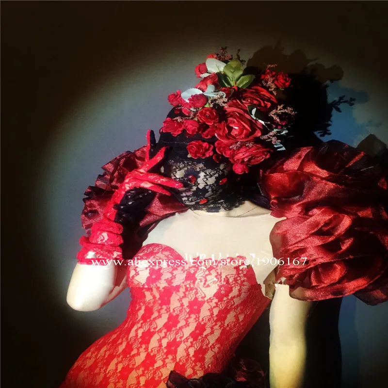 Red flowers lace dress dj ballroom dance costumes outfit rose party wears bar stage show catwalk performance clothe prom dj3