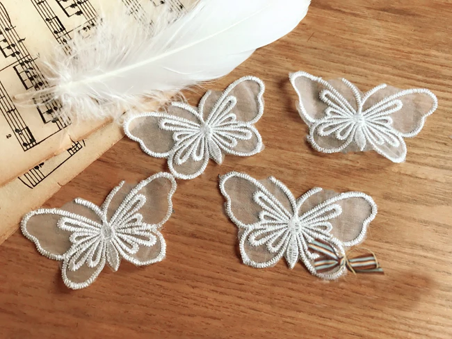 

7*3.7cm 30pcs ivory organza butterfly embroidery lace appliques patches L14M141