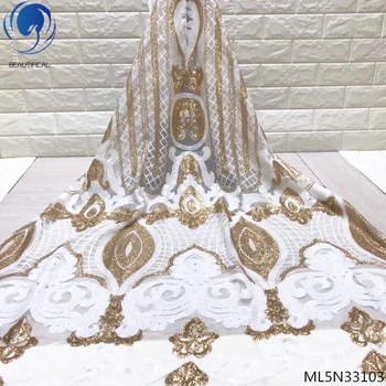 

BEAUTIFICAL white african fabrics sequin lace fabric fashion French lace women dresses 5 yards/lot ML5N331