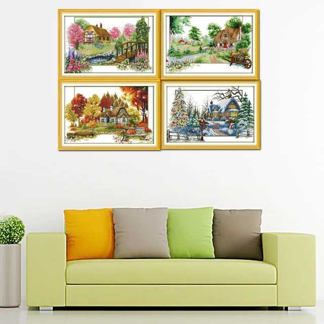 Four Seasons Spring Summer Autumn Winter Home Town House Patterns Counted Cross Stitch DIY Embroidery for Home Decor Needlework 4