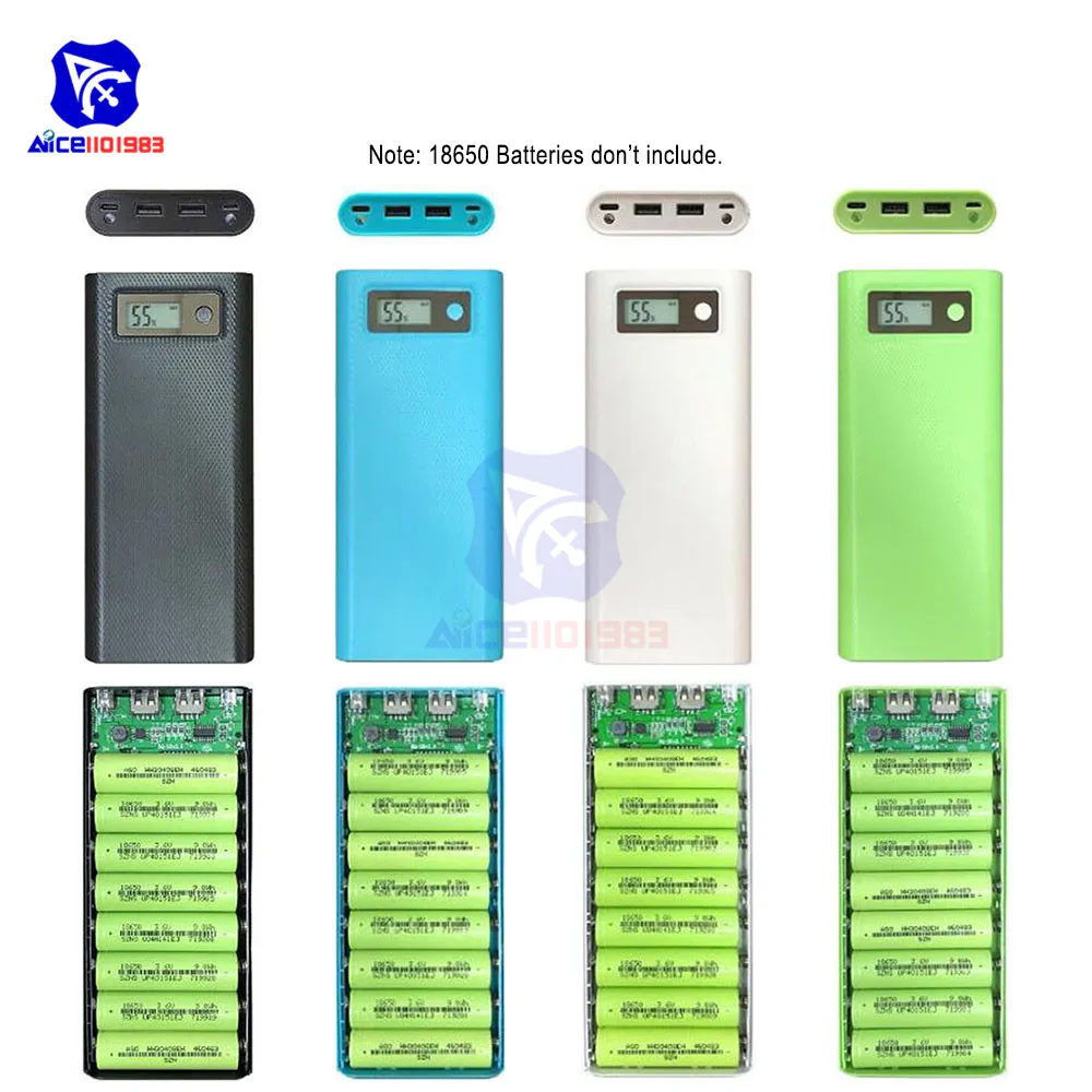 

DIY Kit 8PCS 18650 Batteries Power Bank Case Dual USB 5V1A/5V2.1A Charger Power Bank Cover Indicator LCD Type-C Micro USB Input