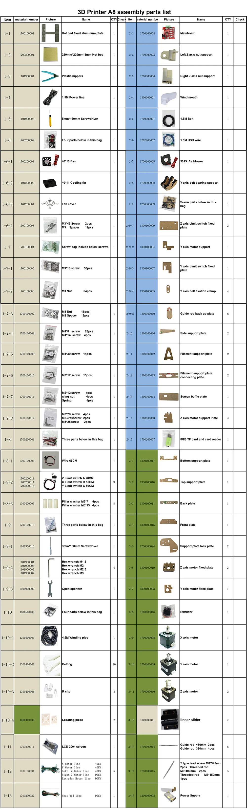 accessories for A8 3D printer