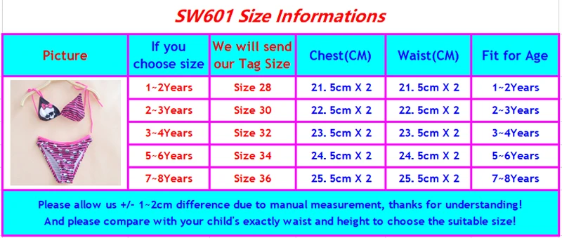 SW601 girls swimwear size chart