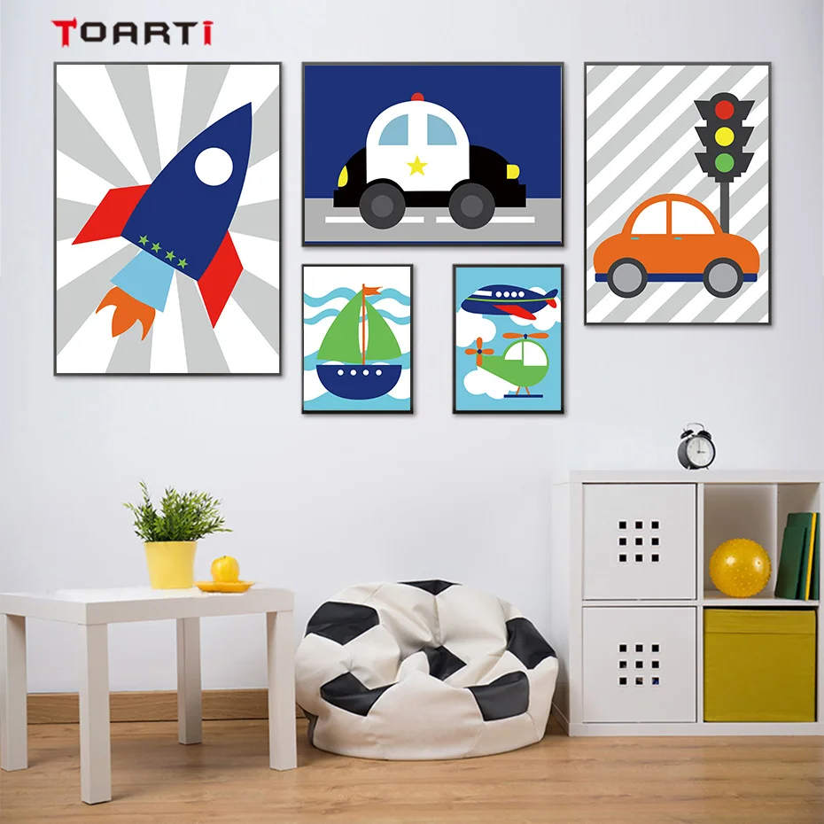 

cartoon rocket plane wall art poster print nordic aircraft car fire truck Vehicle canvas painting baby kids nursery room decor