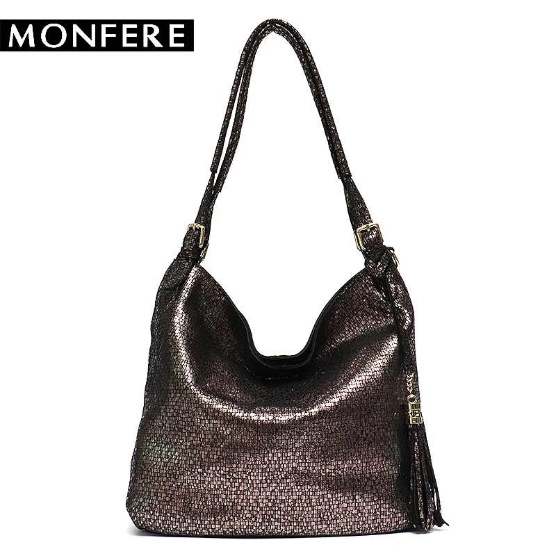 MONFERE Big Tassel Shoulder Hobo Bags for Ladies Bling Pattern Print Leather Cross body Bag Fashion Brand Cowhide Pillow Handbag