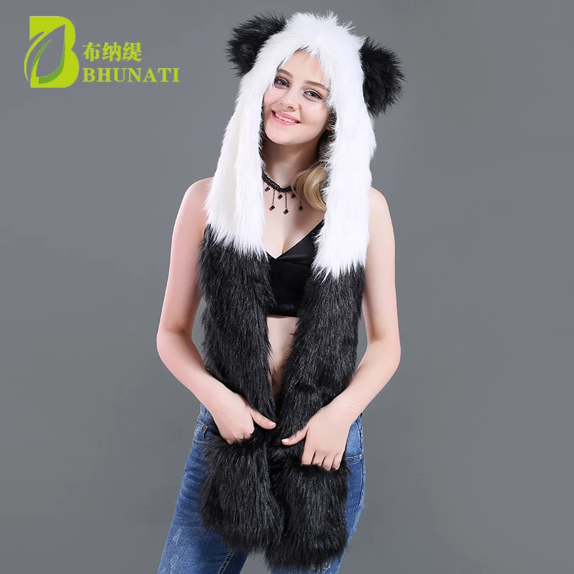 

2018 new winter Faux Fur Hood Animal Hoods Hat panda white black cute animal feux fur hat cap Beanies Cartoon Wolf Hat