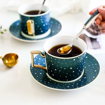 

200 ml luxury star ceramic coffee tea Cups and Saucers with gold handle for gift