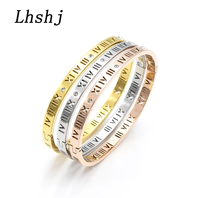 

Delicate Roman Numeral Hollow Crystal Bracelets & Bangles Rose Gold Titanium Steel Bangle Top Quality Jewelry For Women