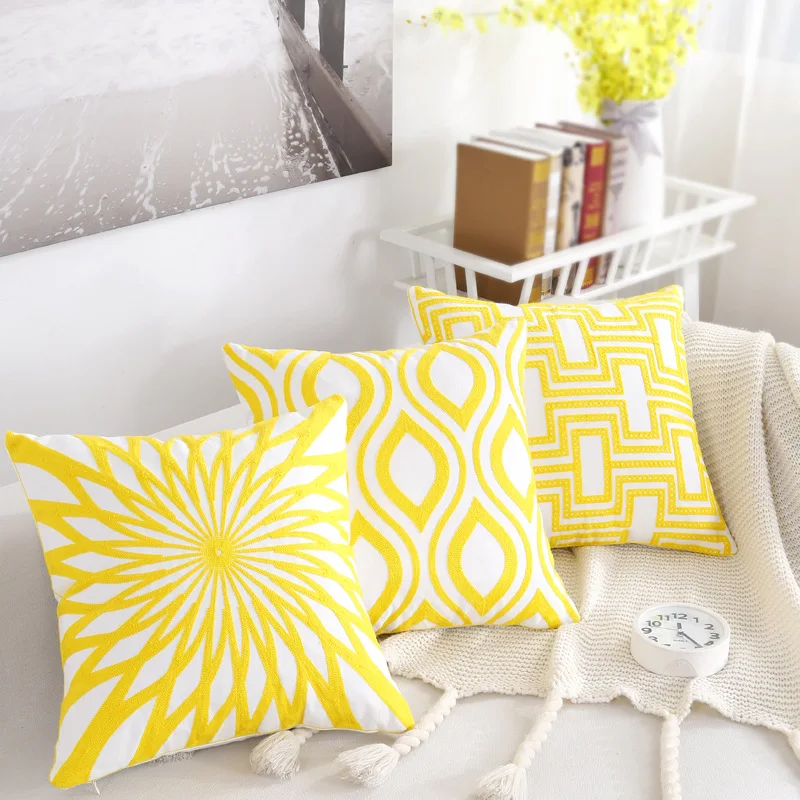 

Nordic Embroidery Pillow Cushion Cover Geometric Yellow White Striped Sofa Throw Pillows Polyester Cotton Bedroom Pillowcases