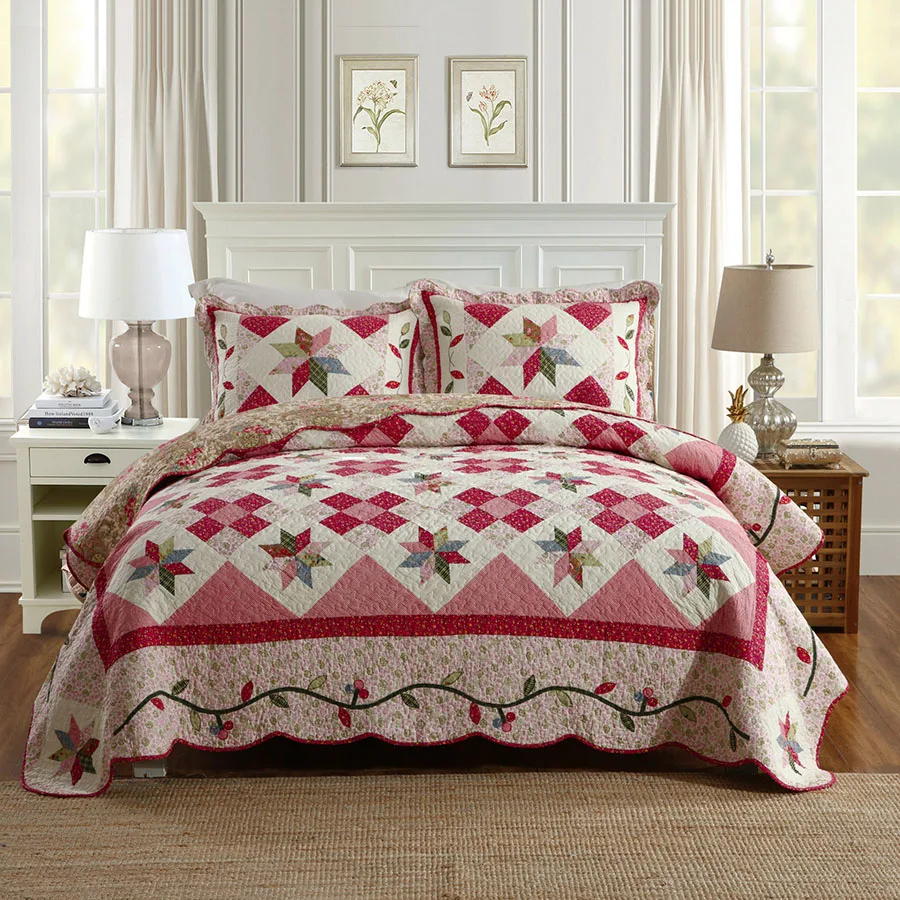 

CHAUSUB New Patchwork Quilt Set 3PCS Washed Cotton Quilts quilted Bedspread Bed Cover Pillowcase King Size Bedding Coverlet Set