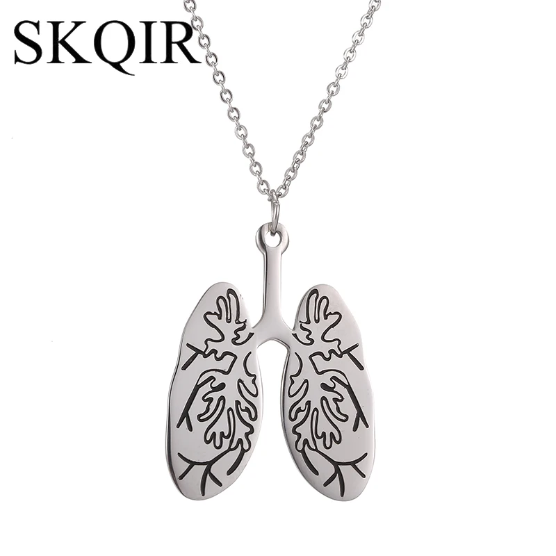 

SKQIR Unique Anatomical Human Rib Cage Lung Anatomy Necklace Silver Stainless Steel Skeleton Goth Deathrock Emo Men Jewelry