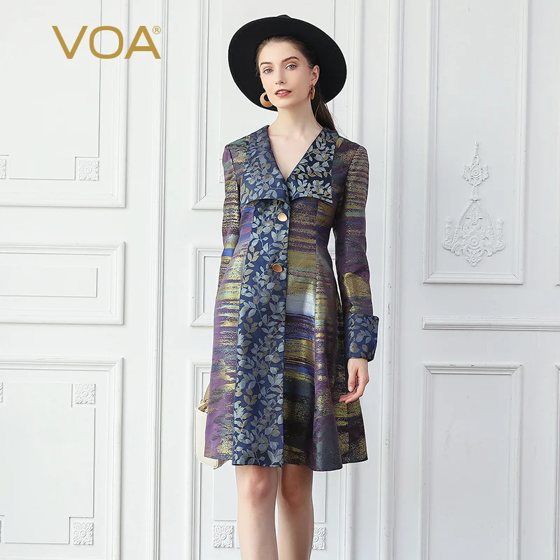 

VOA Silk Women Trench Autumn Long Sleeve Coat Print Tunic Outerwear Large Size Slim Vintage Elegant Boho Sobretudo Overcoat F312