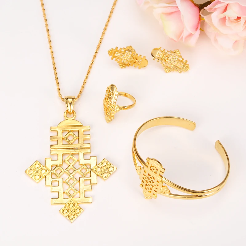 Bangrui-Ethiopian-5-6cm-3-1cm-Pendants-Earrings-Ring-Set-24k-African-Gold-Corss-Symbol-Jewelry
