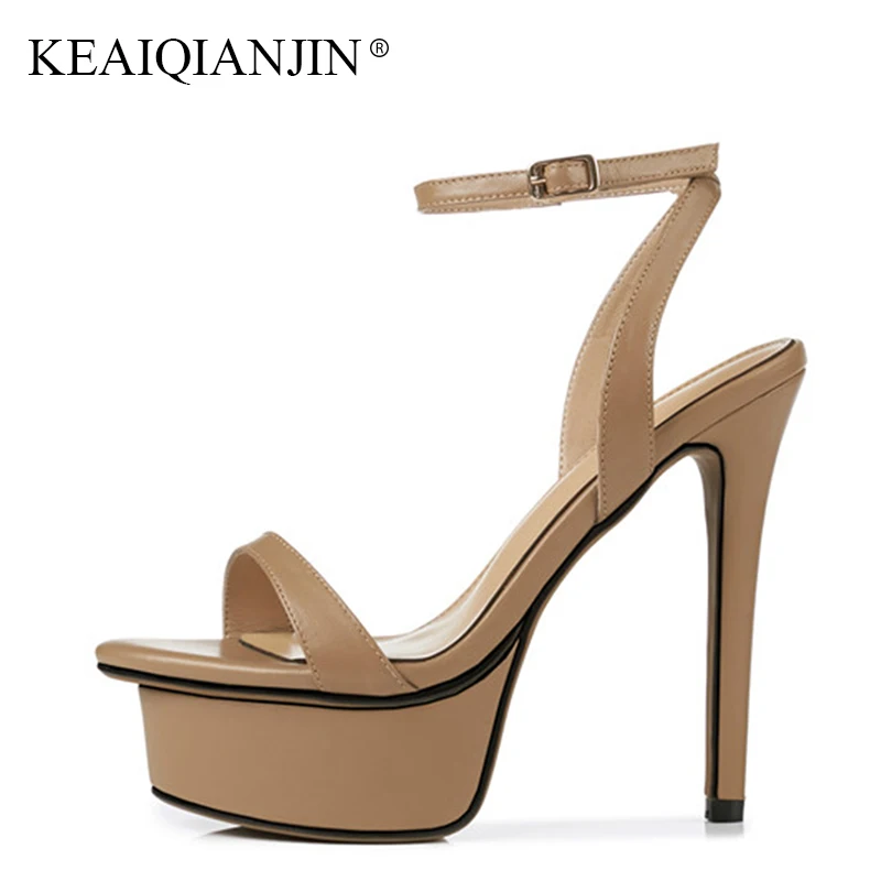 

KEAIQIANJIN Woman 13 CM Genuine Leather Peep Toe Sandal Fashion Party High Heeled Shoes Sexy Summer Black Open Toe Sandals 2018