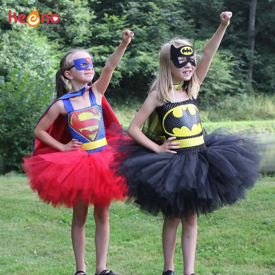 Платье-пачка «Супермен», «Бэтмен» для девочек с маской; Детский карнавальный костюм на Хэллоуин; детская одежда в стиле супергероя; вечерние платья