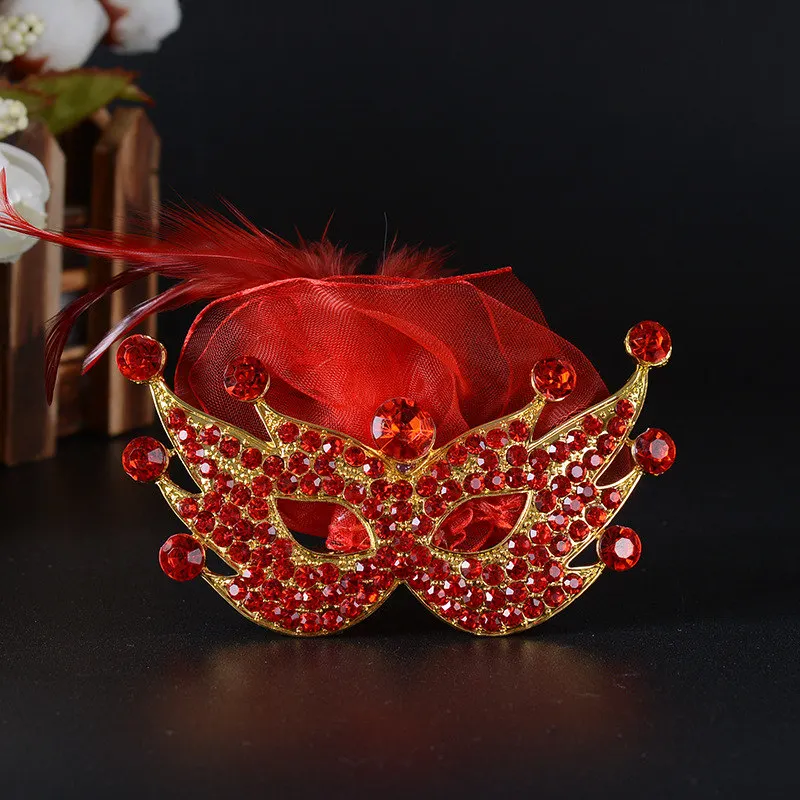 

Feather wedding hair accessories masquerade mask headdress bridal tiara crown for girls hair combs Red Rhinestone hair jewelry