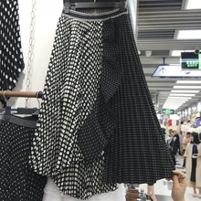 Летние Женская Мода в Юбка в горошек в круглый горошек нерегулярные морщин оборками шифоновая юбка для девушек универсальные юбки