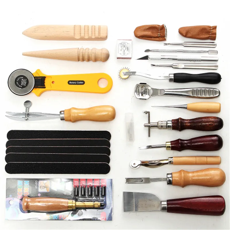 

24 Pcs Leather Craft Tools Kit Hand Sewing Stitching Punch Carving Work Saddle Durable Quality