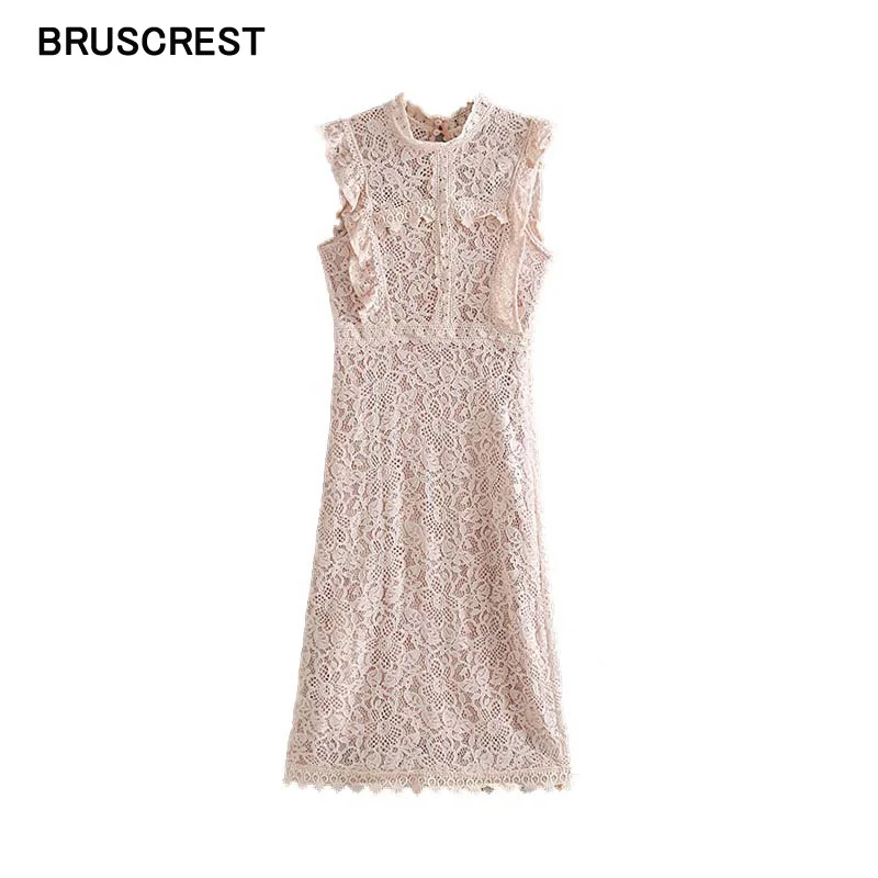 

Summer dress 2019 vintage dress women elegant lace sleeveless midi dress ruffle female casual korean sweet dresses pink vestidos