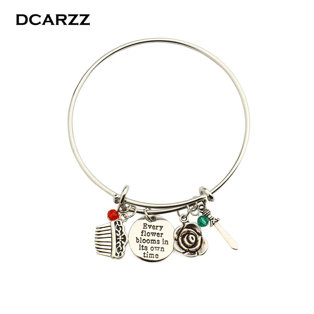 

Mulan Adjusted Bangle "Every flower Blooms" Hand Stamped Letter Pendant Charm Bracelet Princess Anime Jewelry for Women/Girls