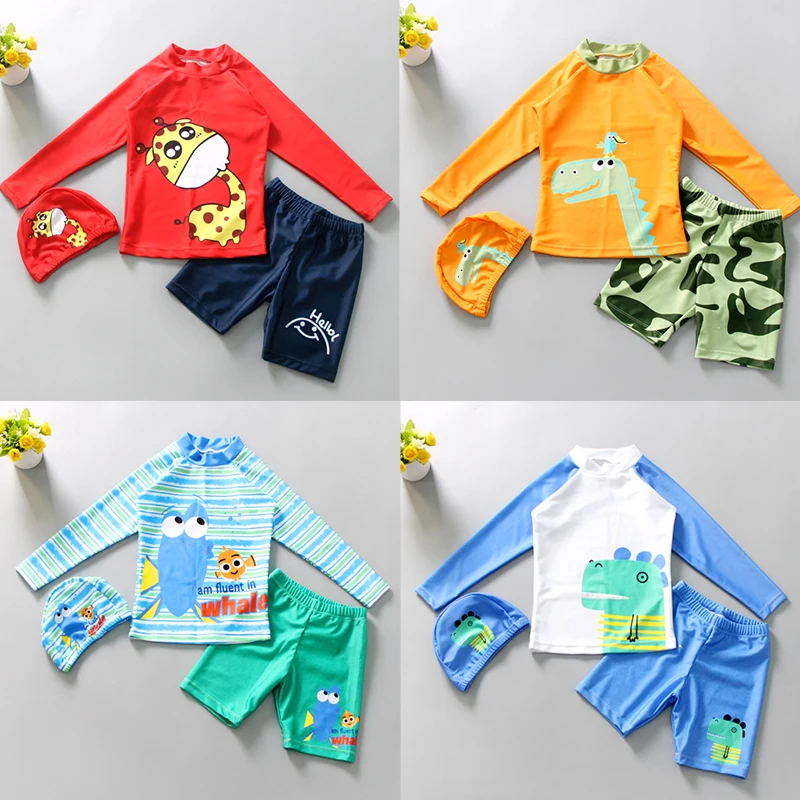 

Children Swimwear Kids Boys Long Sleeve Rash Guard Sun Protection UPF 50+ Rash Guard Set Swimsuit Shirt Trunk Set with Swim Cap