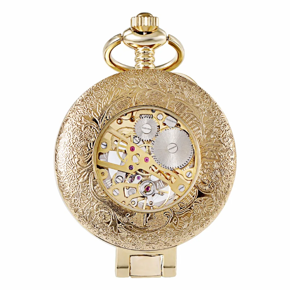 Orkina цепи часы Золото-тон корпус световой Циферблат скелет механические карманные Брелок часы с лупой Обложка Reloj De Bolsillo