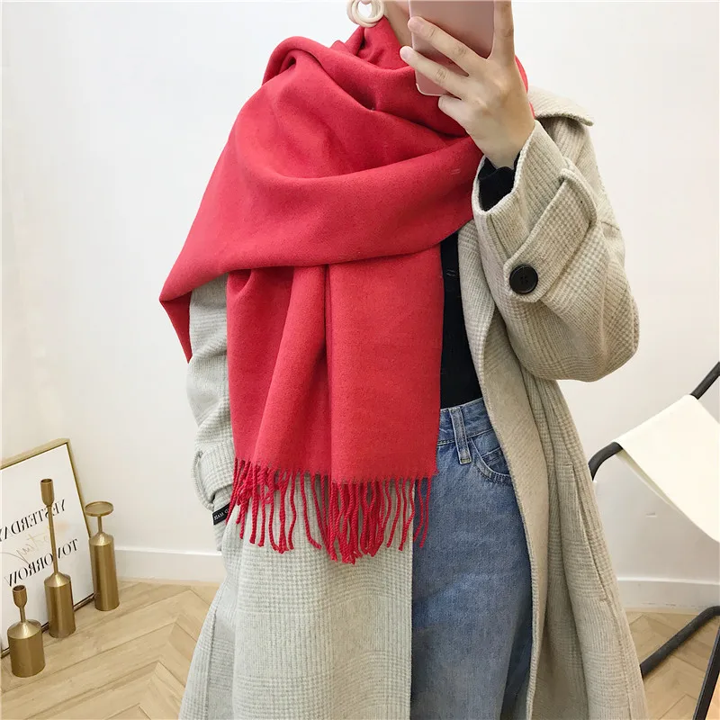 Female new 10 colors tassel scarf monochrome double-sided warm shawl imitation cashmere bib