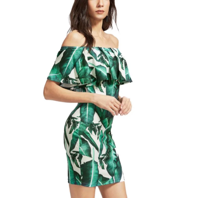 2018 Strapless Leaf Print Dresses Women Sexy Slash Neck